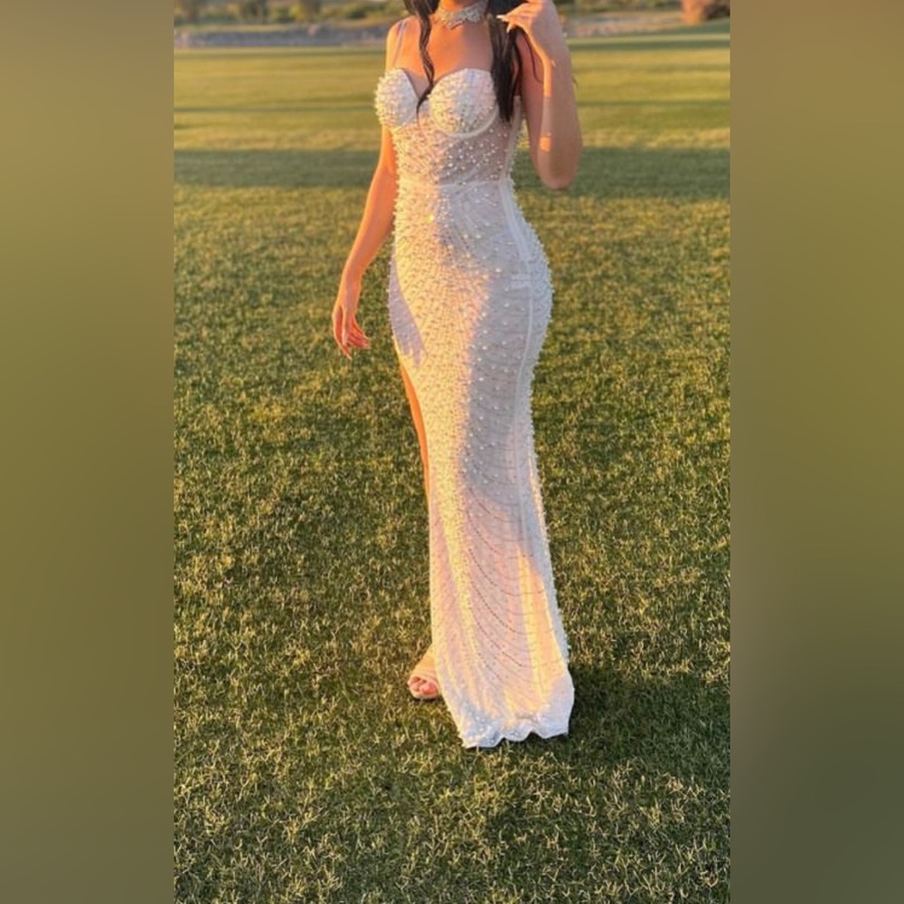 White beaded mesh dress with slit
